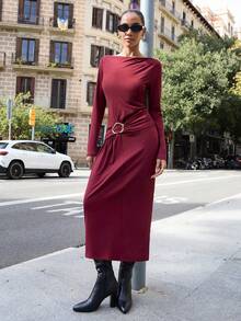 Maija Women's Solid Color Boat Neck Long Sleeve Ruched Metal Decor Fashionable Dress Christmas Outfit For Women New Year Clothes  Elegant Party Dresses  Elegant Dresses For Women   Red Dress Holiday Outfits  Red Dress For Women - Burgundy - View 5