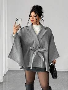 Elenzga Plus Size Asymmetrical Hem Double-Breasted Waist Woolen Coat - Grey - View 5
