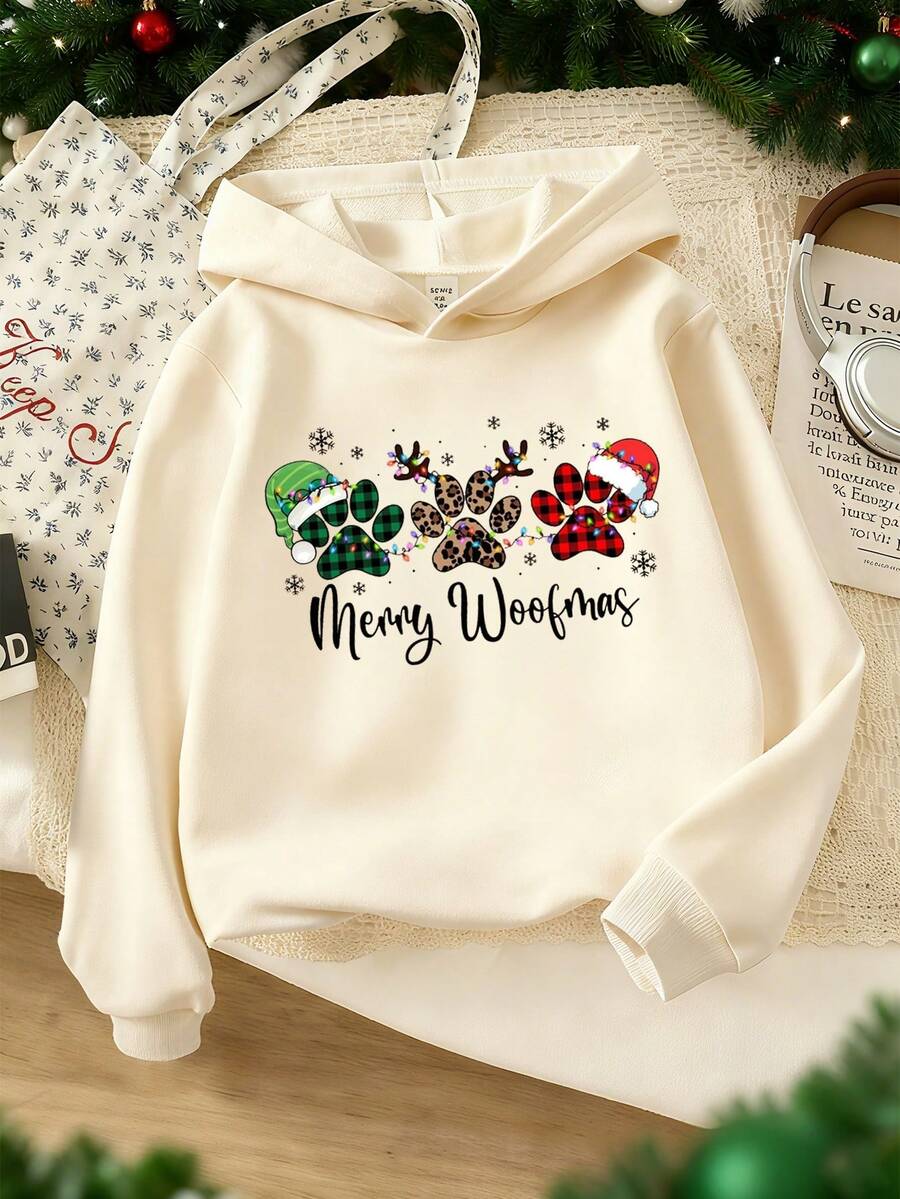Young Girl Christmas Slogan Print Hooded Fleece Sweatshirt With Ribbed Cuffs - Apricot - View 1