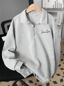 SHEIN 少女休闲基础款半拉链高领优雅蝴蝶结刺绣花卉灰色保暖加厚套头卫衣长袖上衣，适合日常、上学、度假、派对等场合。 - 灰色 - 查看 3