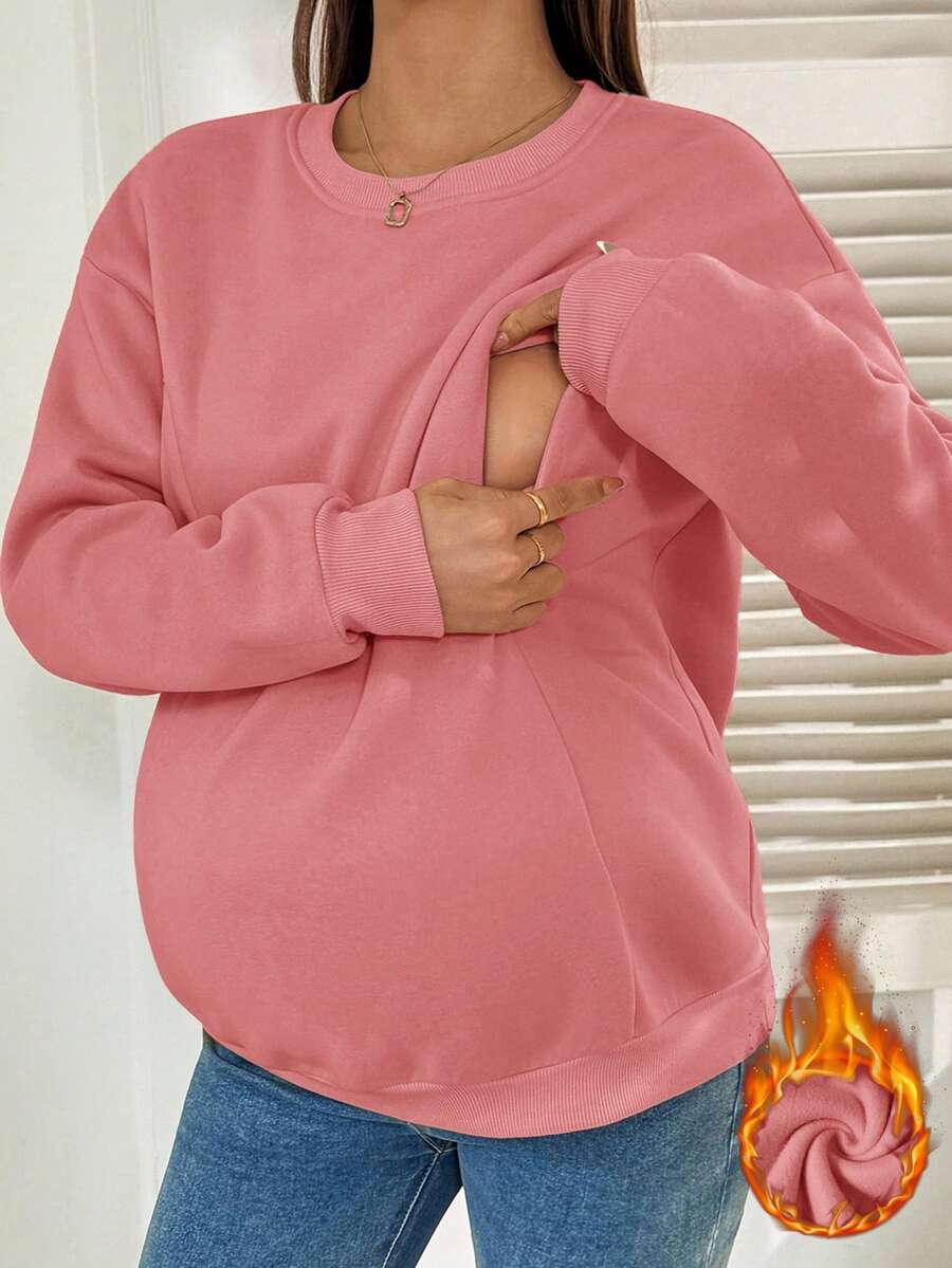 SHEIN 冬季加厚纯色休闲哺乳上衣 - 藕粉色 - 查看 1