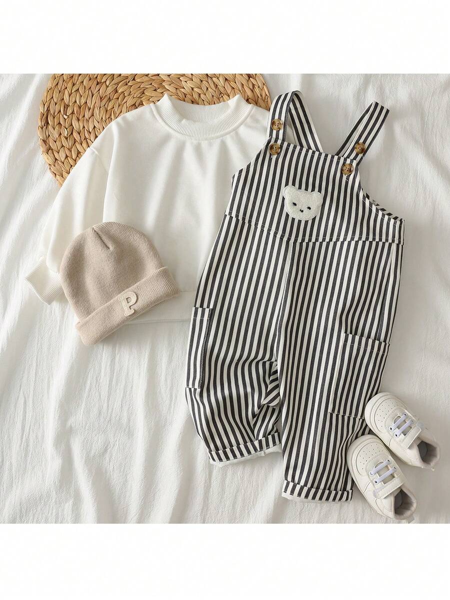 Loomiva Baby Boy Cartoon Bear Striped Bib & Pants Jumpsuit