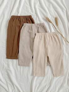 Loomiva 3pcs Baby Boys/Girls Elastic Waist Pants Set With Decorative Ribbon, Versatile & Comfortable For Outings, Street Style, Home, Party