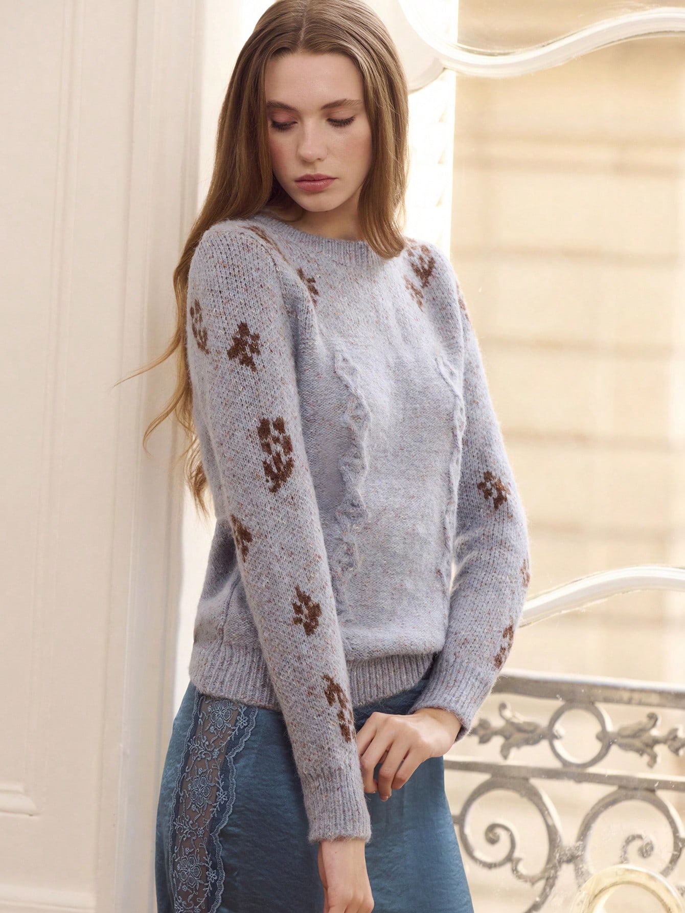 Gray-Blue Fitted Knit Sweater With Brown Jacquard Accents Office Chic Winter Knitwear Jumper New Year