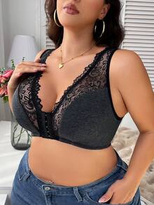 Plus Size Lace Patchwork Front Closure Bra - Black - View 2