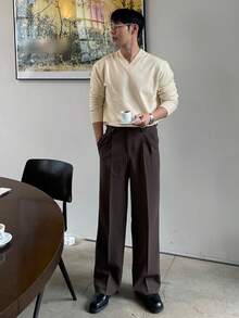 DAZY V-Neck Beige Casual Pullover Sweater For Men, Autumn - Beige - View 1