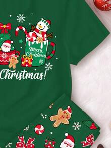 SHEIN Leap Crew 青少年女孩休闲圣诞快乐可爱卡通圣诞老人、姜饼人、雪人、圣诞树、铃铛、拐杖糖、雪花图案卡通印花短袖圆领 T 恤和紧身裤睡衣套装，舒适贴身 - 彩色 - 查看 5