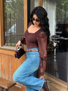 SHEIN Frenchy Brown Striped T-Shirt  Women Casual Jacquard Patchwork Long Sleeve Blouse, Autumn Winter  Brown,Long Sleeve Top Casual Basics Going Out New Year Women's Top T-Shirt Winter Casual Spring - Brown - View 6