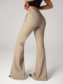 SHEIN ICON Casual Striped Low-Waist Pocket Skinny Flare Pants Striped Pants Women Bell Bottom Pants - Brown - View 2