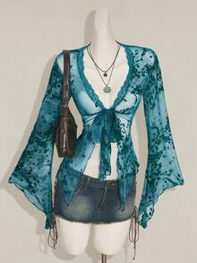SHEIN ICON Asymmetrical Hem Flare Sleeve Vintage Flocked Mesh Sheer Cardigan For Women - Blue - View 4