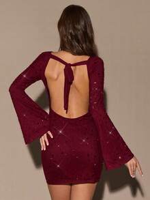SHEIN BAE Autumn/Winter Women's Party Cocktail Party Nightclub Dress: Burgundy Round Neck Long Sleeve Backless Sparkling Rhinestone Dress; Cocktail Party Dress, Party Dress, Red Sequin Dress Red Wine Dress - Burgundy - View 7