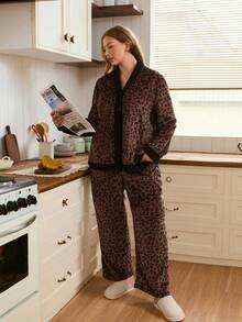 Doze Lane Women's Autumn/Winter Cozy Leopard Print Contrast Color Top & Pants Fluffy Pajama Set, Plus Size Leopard Print Pajama Set Brown Pj Set - Multicolor - View 6