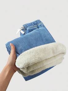 SHEIN 少女宽松基础款蓝色牛仔保暖裤，秋冬季 - 淺色水洗藍 - 查看 6