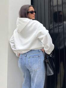 NegzBox Casual Simple "I Don't Care" Graphic Print White Hooded Long Sleeve Loose Thick Fleece Sweatshirt For Women Back To School Fall And Winter Clothing Hoodie - White - View 2