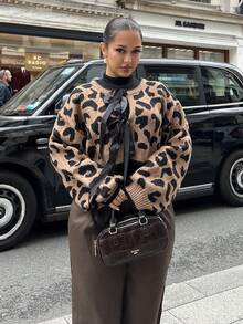 NegzBox Cardigan Motif Leopard dan Pita Gaya Y2K untuk Musim Gugur, Atasan Lengan Panjang - MultiWarna - View 5