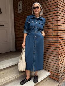 Vivie Lora Women's Loose Waist Cinched Denim Dress - Blue - View 4