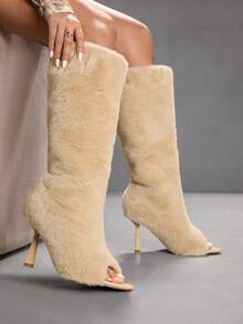 CUCCOO SZL Women's Fashionable Furry Peep-Toe High Heel Over-The-Knee Boots For Christmas - Apricot - View 5