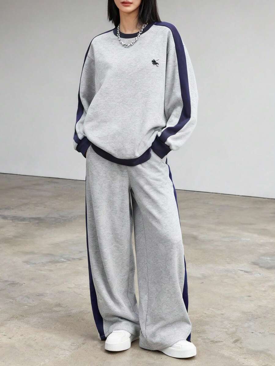 少女刺绣拼布圆领运动衫和运动裤休闲套装 - 灰色 - 查看 1