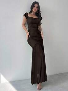 Firerie 女士优雅褶饰系腰绿色网眼紧身荷叶边下摆连衣裙，适合派对、度假、音乐节、婚礼季、早午餐、圣帕特里克节、波西米亚风女式长裙、仙女风、度假装、女士毕业礼服、女士沙滩装、女士机场装 - 咖啡棕 - 查看 8