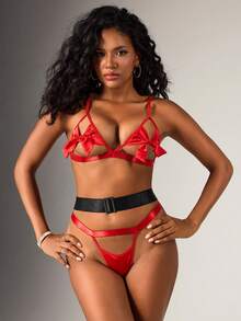 SpicyHot Red Sexy Women's Lingerie Set, Sensual & Alluring Christmas Bow Waist Belt, 3 PiecesIntimate Apparel For Couples, Holiday & Date Night - Red - View 4