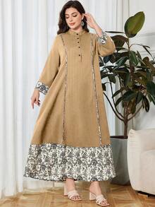 Lacomfia Plus Size Casual Printed Patchwork Long Sleeve Loose Fit Dress, Spring/Autumn Fall - Khaki - View 5