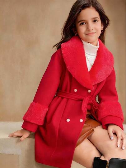 Sparklyn Tween GirlsCasual Versatile Retro Elegant Wool Blend Jacket, Double-Breasted Design With 4 Pearl Buttons, Furry Cuffs And Collar, Suitable For Autumn/Winter Outings, Walks, Shopping, Commuting, Can Be Paired With Long Sleeves, Sweaters, Pants