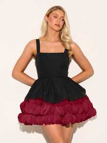 Glamine Charm Elegant Party Color Block Mini Cocktail Dress - Burgundy - View 7