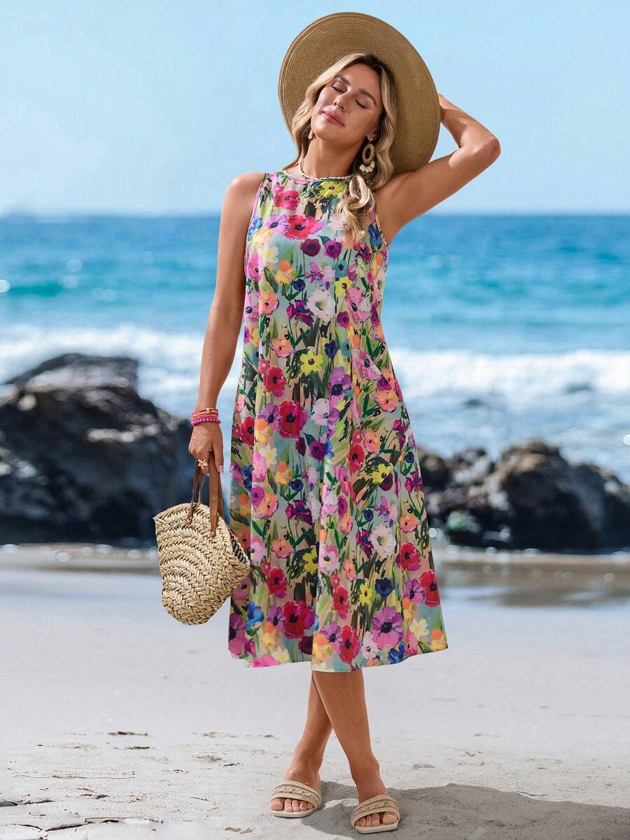 SHEIN LUNE Women's Casual Ditsy Floral Romantic Midi Dress, Suitable For Spring/Summer, Vintage Style Suitable For Going Out Chic Dress,Vacation - Multicolor - View 1