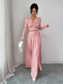 Elenzga Damska elegancka moda, dojazdy do pracy, swobodna, wygodna, urocza, retro, minimalistyczna, ekskluzywna, romantyczna, świąteczna, delikatna, damska, długi rękaw, dekolt w serek, marszczona z przodu, węzeł skręcany, linia A, plisowana z przodu, kokarda, jednolity kolor, dzianina, brokat, dwuczęściowy zestaw