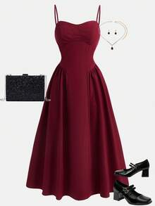 Girlism 优雅女孩长款飘逸细肩带连衣裙，适合日常穿着、约会、郊游、夜总会、派对、秋冬