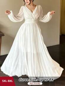 SHEIN CURVE+ 浪漫V领露背长袖飘逸长裙，优雅希腊风格白色女神礼服