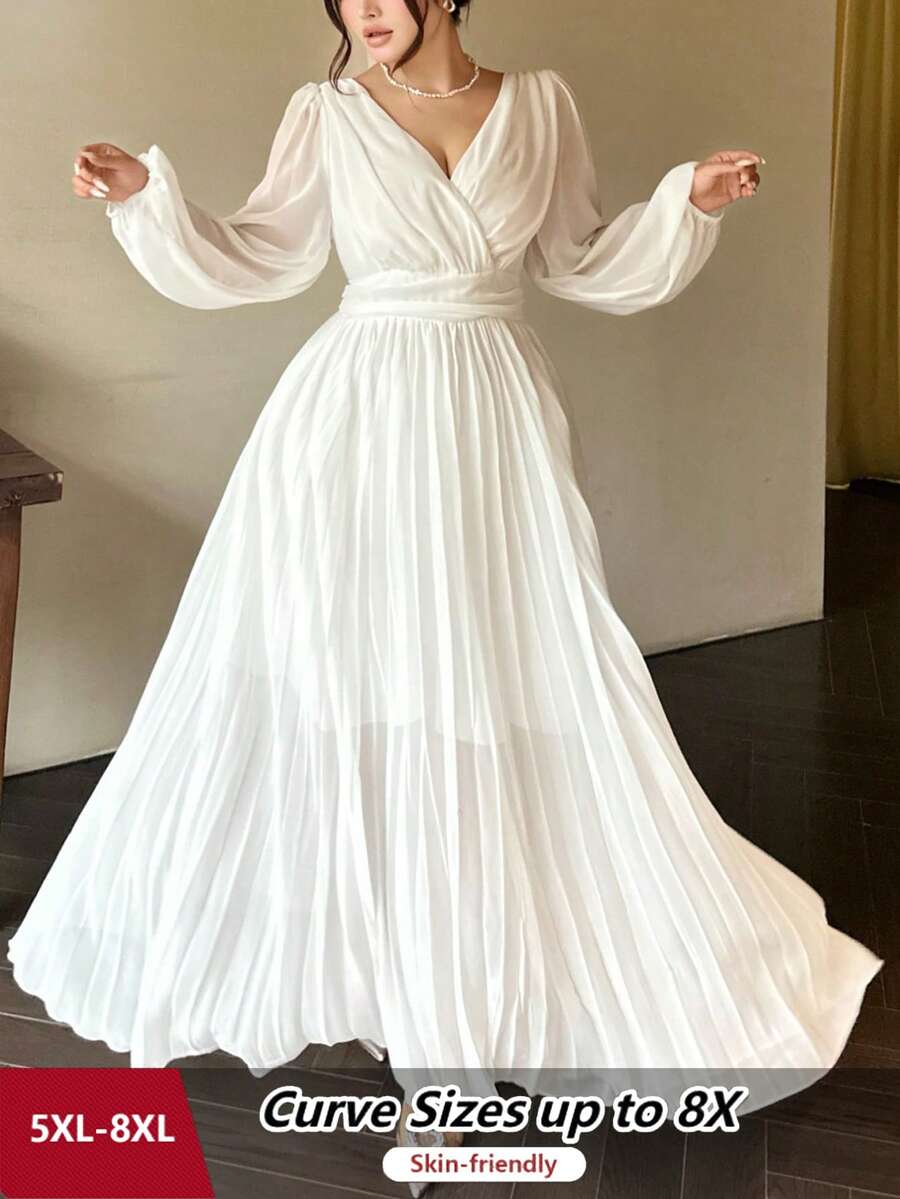 SHEIN CURVE+ 浪漫V领露背长袖飘逸长裙，优雅希腊风格白色女神礼服