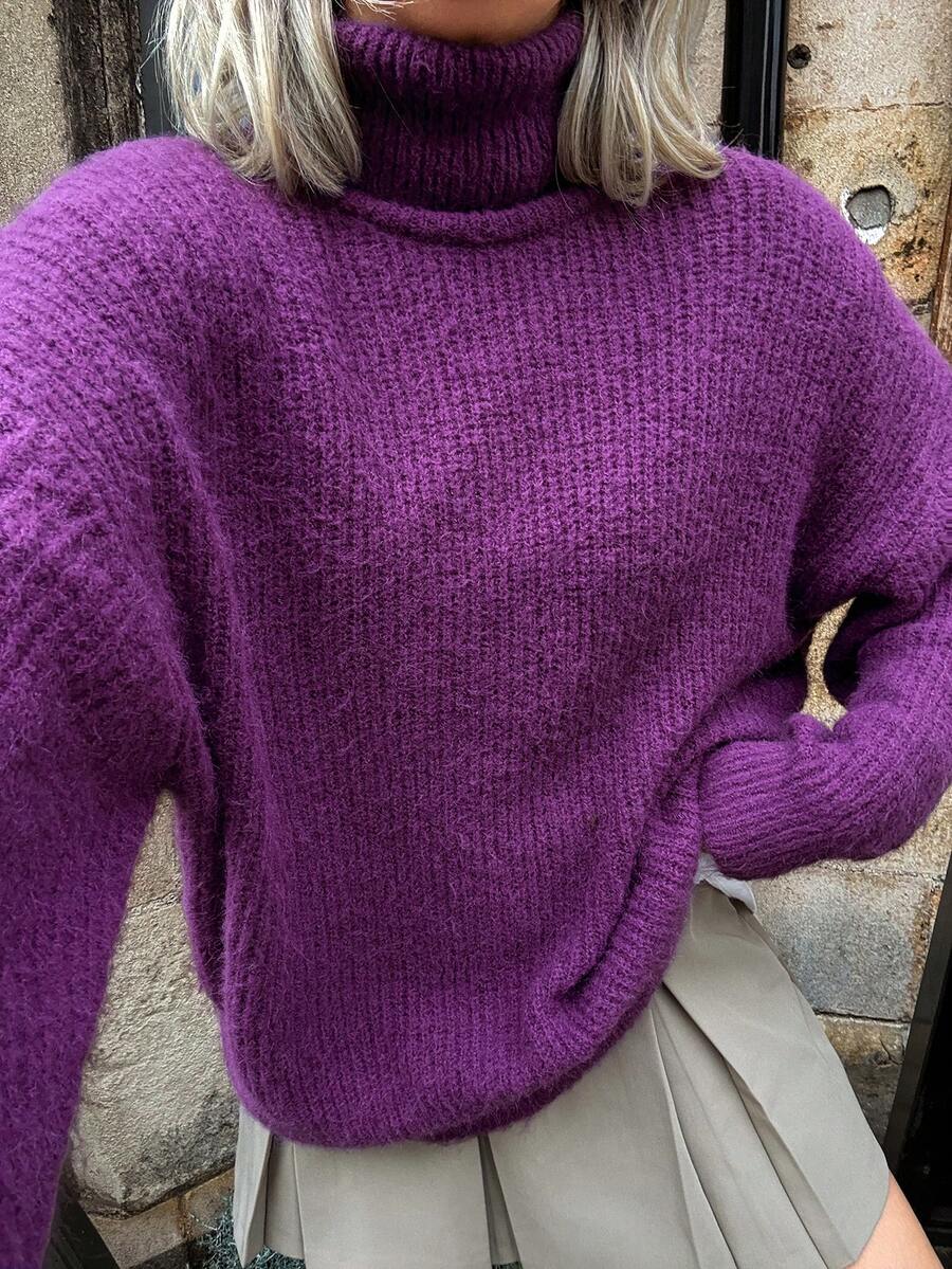 Vivie Lora Women's Loose Fit Stand Collar Soft & Comfortable Purple Sweater - Purple - View 1