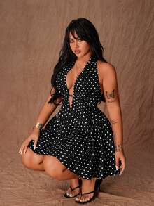 Rustia 大码女士时尚波点吊带性感A字迷你连衣裙 - 黑與白 - 查看 3