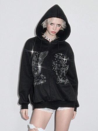 ROMWE Avant Sweat-shirt ample de style streetwear pour femmes avec graphique d'étoile et de chaîne et ornements de strass