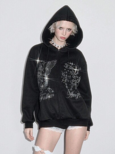 ROMWE Avant Streetwear Loose Fit Sweatshirt For Women With Star & Chain Graphic And Rhinestone Embellishment