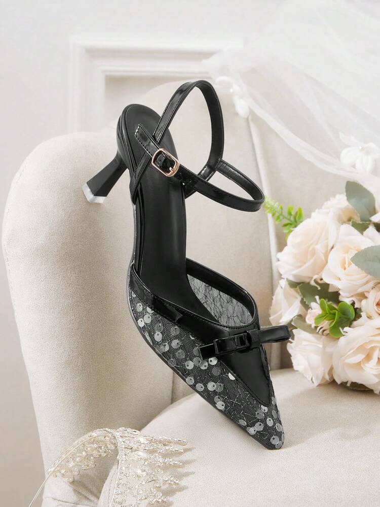 CUCCOO HITCHD Women's Pink Lace Pointed Toe Backless Pearl Bow Net Mesh High Heel Shoes