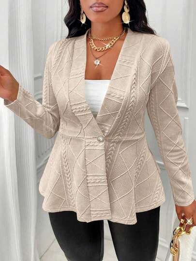 Maweii Plus Size Women's Textured Single-Breasted Jacket With Ruffle Hem, Autumn Fall Winter Cloth For Women