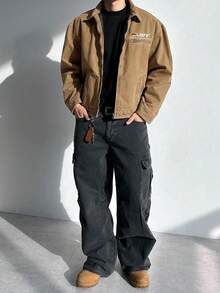 DAZY Men's Camel Color Washed Fabric Letter Print Quilted Lining Design Jacket And Coat, Autumn/Winter - Rust Brown - View 6