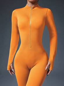 Easithlete 女士纯色简约罗纹拉链长袖连体裤，休闲日常穿着 - 橘色 - 查看 5