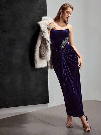 MOTF Soiréza VESTIDO TUBO AJUSTADO DE MUJER CON DETALLE DE TERCIOPELO, STRASS Y PERLAS FALSAS FRUNCIDO, ADECUADO PARA CÓCTELES Y EVENTOS, OTOÑO/INVIERNO