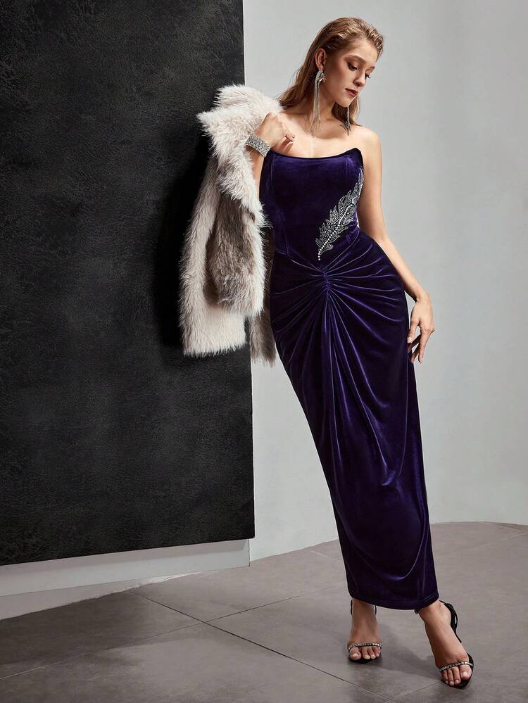 MOTF Soiréza WOMEN'S VELVET RHINESTONE AND FAUX PEARLS DETAIL RUCHED SLIM FIT TUBE DRESS, SUITABLE FOR COCKTAIL PARTY AND EVENTS, AUTUMN/WINTER