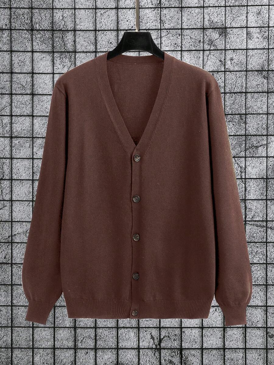 Manfinity Homme Áo khoác cardigan cài nút tối giản màu trơn thường ngày cỡ lớn dành cho nam - Cà phê nâu - Xem 1