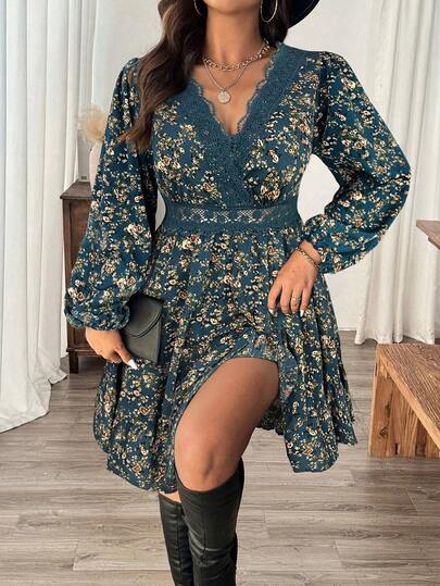 Lounesse Plus Size Floral Lace Patchwork Casual Vacation Dress
