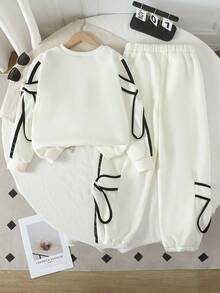 SHEIN 2pcs Girls Autumn/Winter Fashion Set,Long Sleeve Beige Sweatshirt&Straight Leg Pants,Blue And White Stripe,Autumn,Casual,School,Back-To-School,Bow - Apricot - View 2