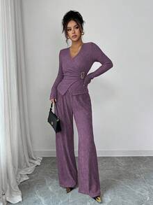 Elenzga Bộ 2 món áo dài tay cổ chữ V tối giản màu trơn và quần dài cho nữ, trang phục thường ngày - Màu tím - Xem 6