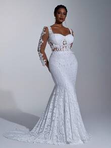 Elitara 加大码优雅奢华米色刺绣蕾丝透视长袖美人鱼裙，带拖尾，性感露背，适合婚礼、活动、派对、蜜月 - 白色 - 查看 1