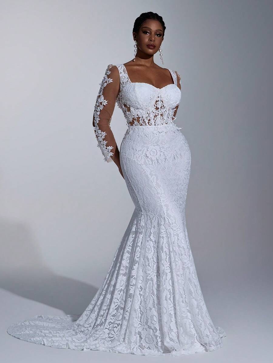 Elitara 加大码优雅奢华米色刺绣蕾丝透视长袖美人鱼裙，带拖尾，性感露背，适合婚礼、活动、派对、蜜月 - 白色 - 查看 1