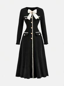 SHEIN Serisse Kids 少女优雅缎带拼接蝴蝶结装饰长袖长款连衣裙，冬季连衣裙，圣诞连衣裙，优雅连衣裙 - 黑色 - 查看 4