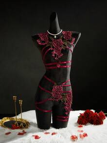 SpicyHot 2pcs Embroidered Patchwork Sexy Lingerie Set - Burgundy - View 1